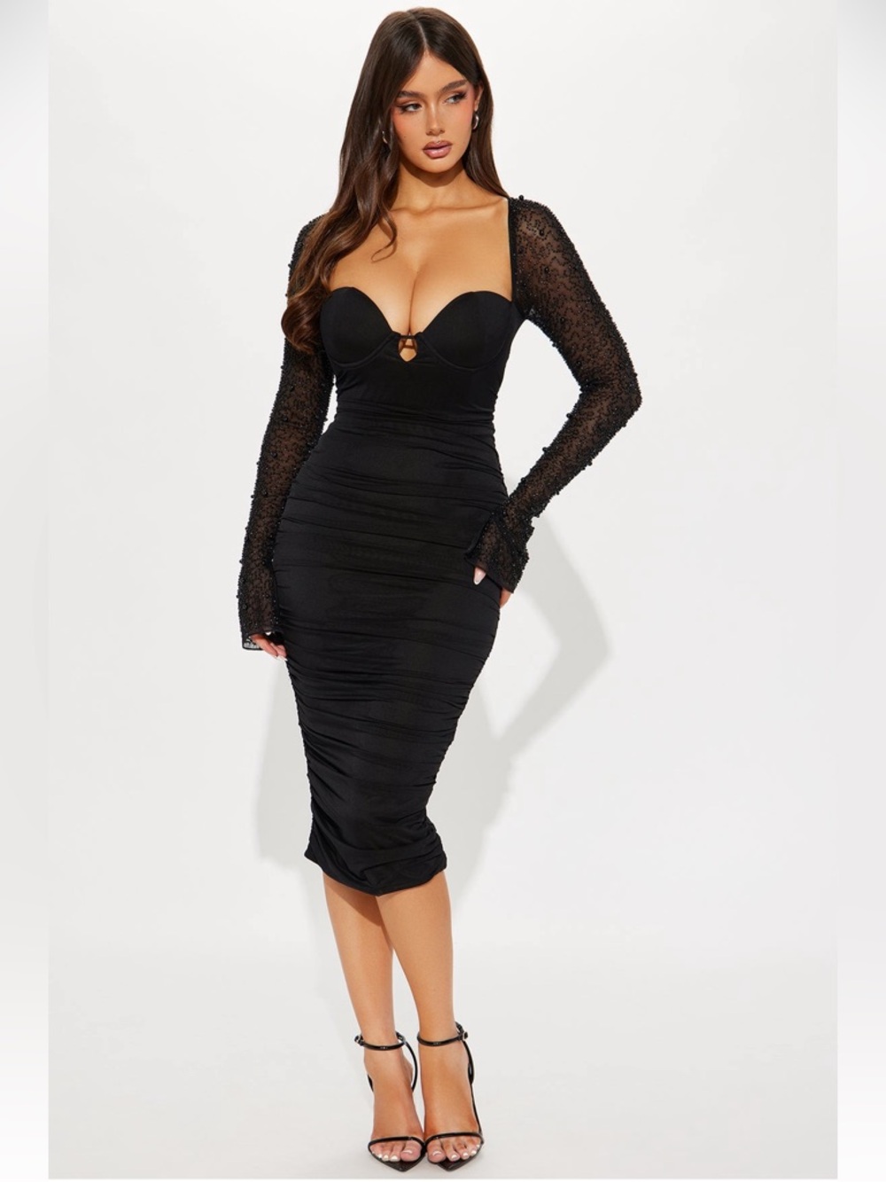 Black Ruched Long Sleeve Dress